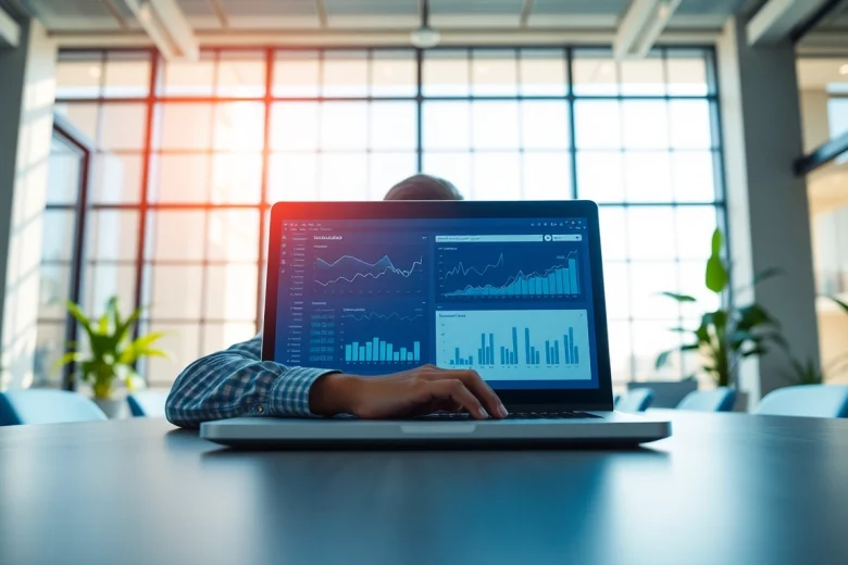 Chăm sóc website services illustrated through a professional setting with a person analyzing digital metrics on a laptop.