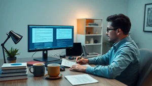 Traducteur assermenté en ligne travaillant dans un bureau moderne, présentant des outils de traduction et une attitude concentrée.