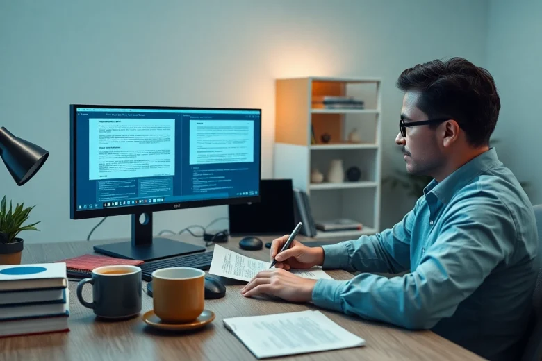 Traducteur assermenté en ligne travaillant dans un bureau moderne, présentant des outils de traduction et une attitude concentrée.