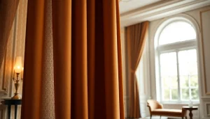 Gordijnstof in een elegante, zacht verlichte ruimte met luxe textuur en rijke patronen.