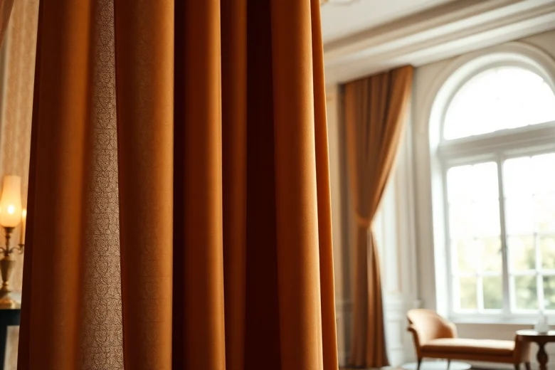 Gordijnstof in een elegante, zacht verlichte ruimte met luxe textuur en rijke patronen.