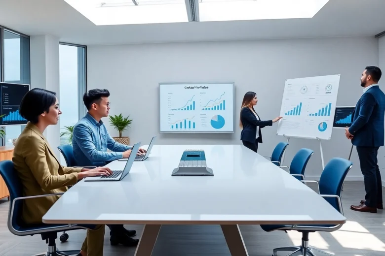 Online contact data verification in a modern office setting with professionals collaborating on data accuracy.