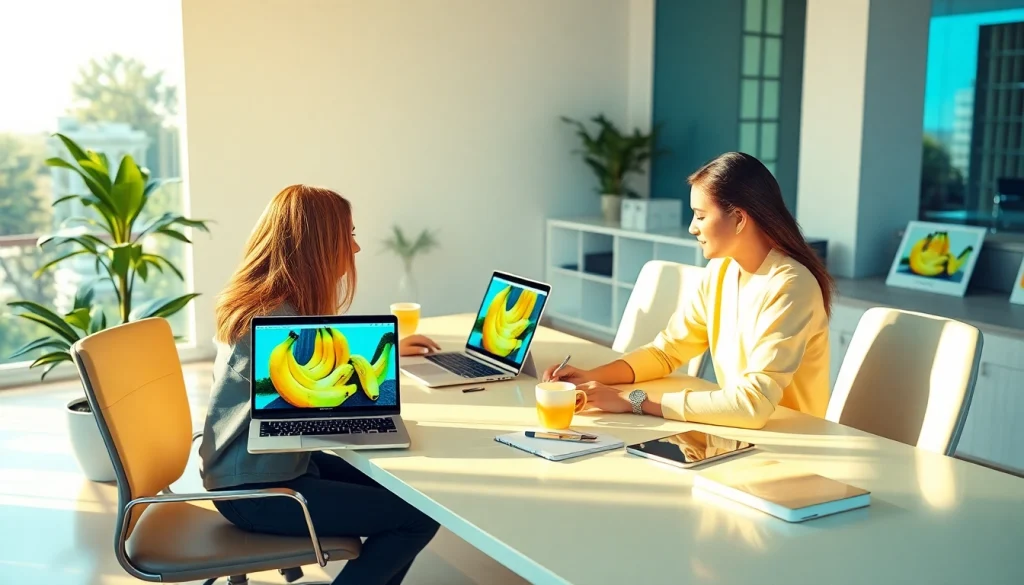 Nano Banana AI image editor in a collaborative workspace with digital artists creating vibrant images.
