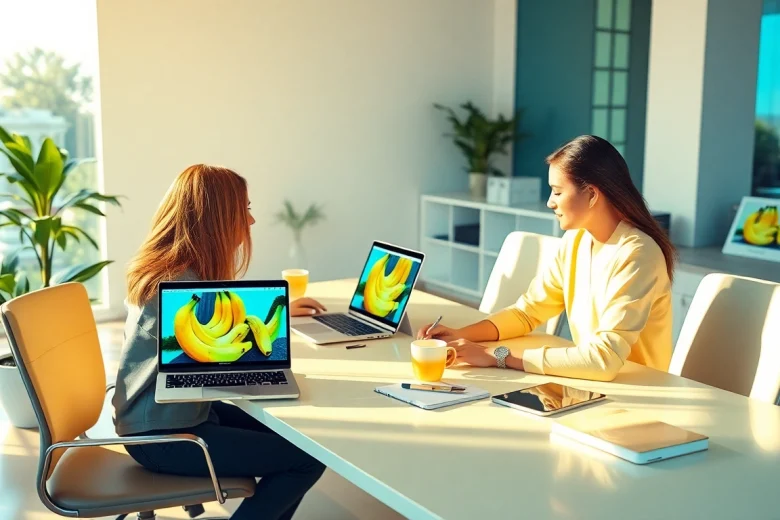 Nano Banana AI image editor in a collaborative workspace with digital artists creating vibrant images.