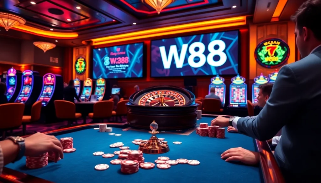 Experience the thrilling atmosphere of W88 link casino betting with vibrant tables and slot machines.