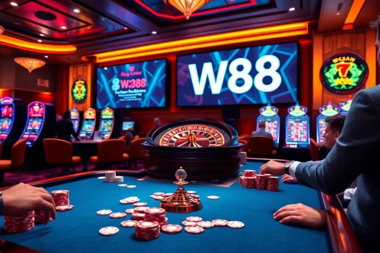 Experience the thrilling atmosphere of W88 link casino betting with vibrant tables and slot machines.