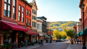 Experience the vibrant streets of Clarksburg with its historic buildings and lively atmosphere.