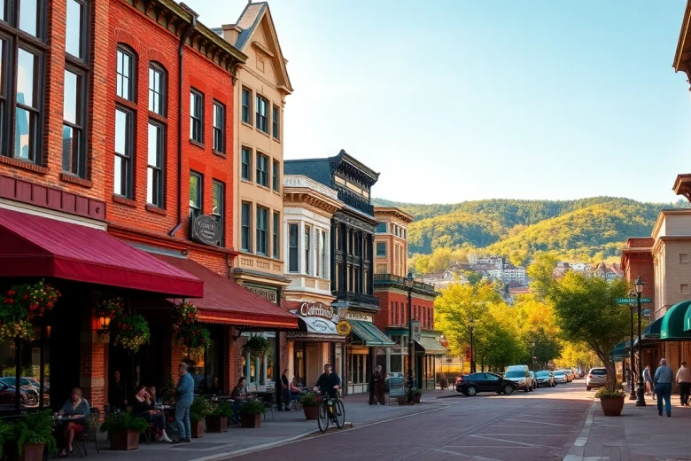 Experience the vibrant streets of Clarksburg with its historic buildings and lively atmosphere.