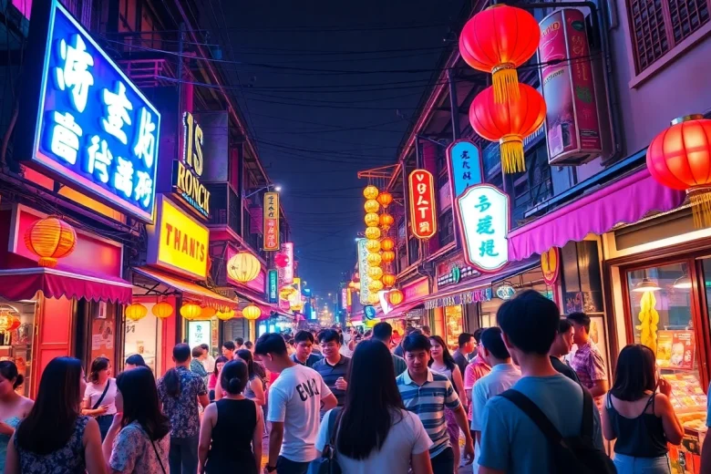 Explore the vibrant 하노이밤문화 with lively bars, colorful neon lights, and diverse nightlife activities.