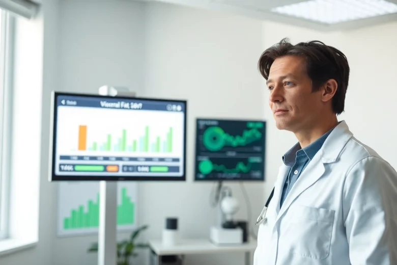 Analyze visceral fat levels with a nutritionist in a professional clinic setting.