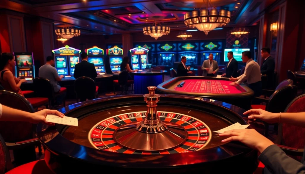 Gambling excitement at F8Bet with players enjoying roulette, poker, and slots.