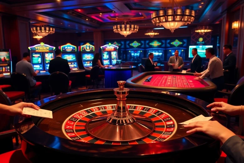 Gambling excitement at F8Bet with players enjoying roulette, poker, and slots.