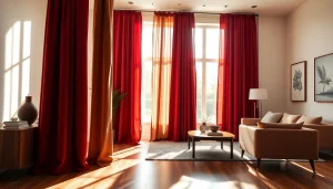 Gordijnstof in een elegante woonkamer met velours gordijnen die een warme sfeer creëren.