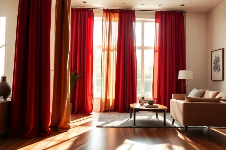 Gordijnstof in een elegante woonkamer met velours gordijnen die een warme sfeer creëren.