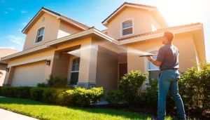 Soft wash technician cleaning a home exterior in Kissimmee, Florida, ensuring eco-friendly results.
