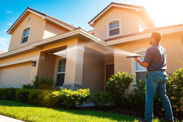Soft wash technician cleaning a home exterior in Kissimmee, Florida, ensuring eco-friendly results.