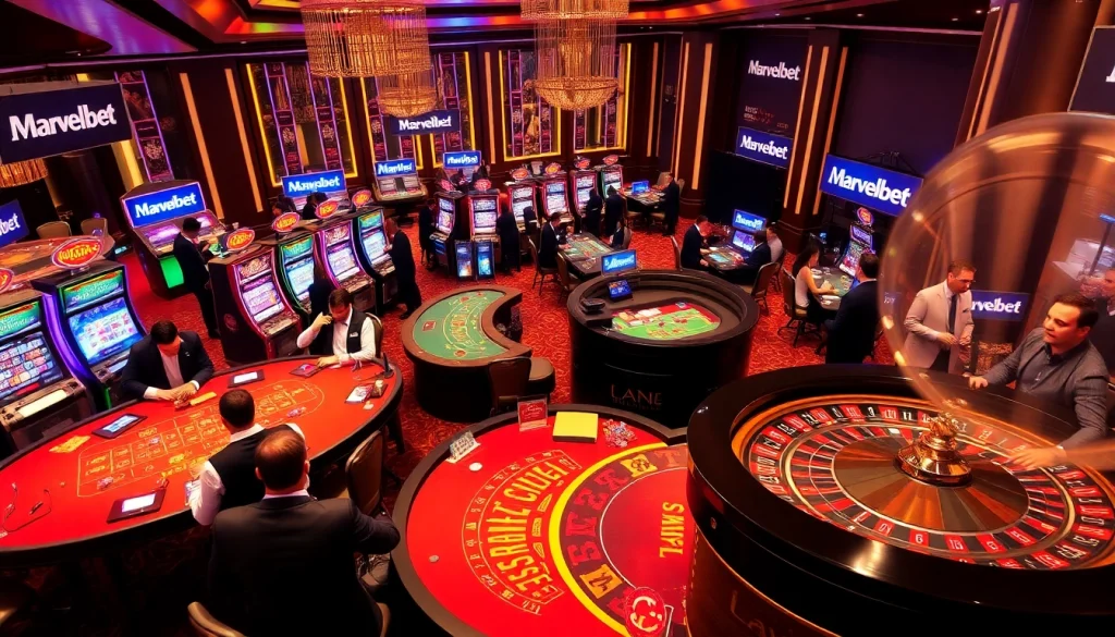 Marvelbet casino scene showcasing poker, slots, and roulette excitement.