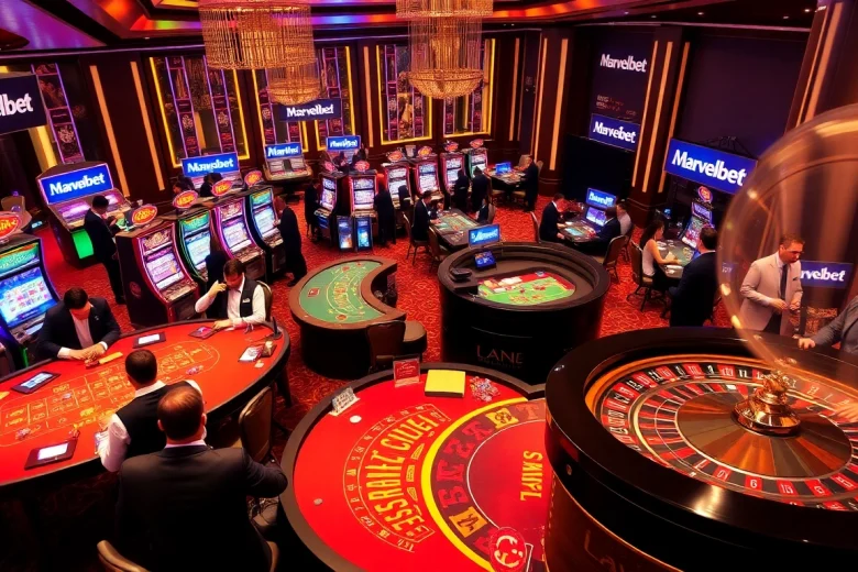Marvelbet casino scene showcasing poker, slots, and roulette excitement.