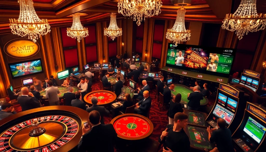 Experience high-stakes excitement with trực tiếp bóng đá VanKhanhTV, showcasing live sports betting in a luxurious casino.