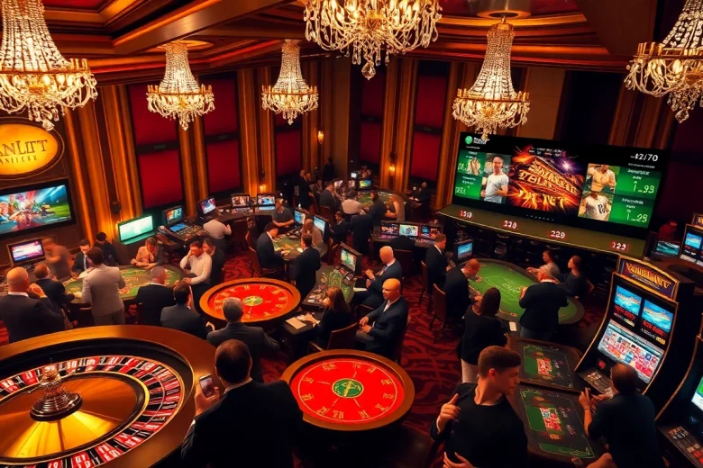 Experience high-stakes excitement with trực tiếp bóng đá VanKhanhTV, showcasing live sports betting in a luxurious casino.