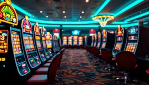 Jelajahi slot pulsa dengan suasana kasino elektronik yang penuh energi dan warna-warni.