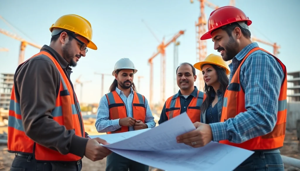 Team of professionals discussing plans at a construction site for southern california contractors association.