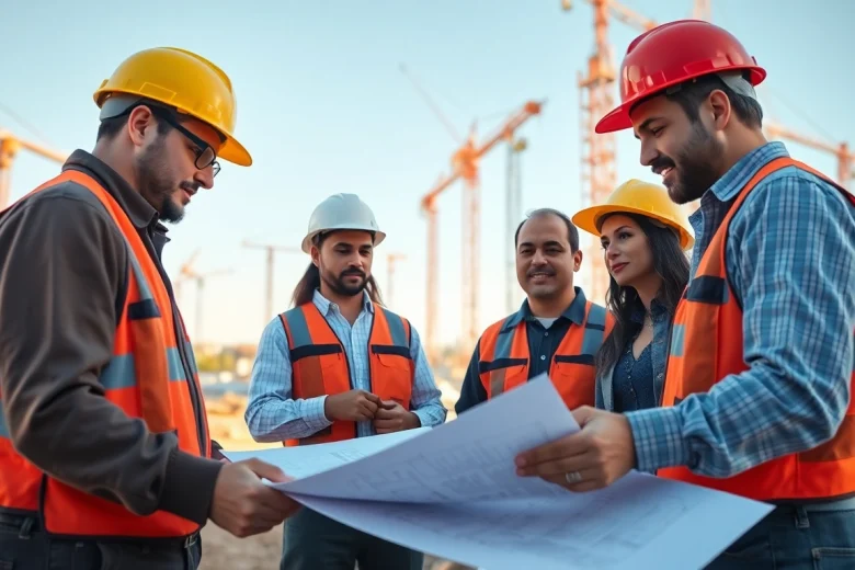 Team of professionals discussing plans at a construction site for southern california contractors association.