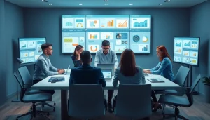 Online shopping plan collaboration scene with diverse professionals in a modern workspace.