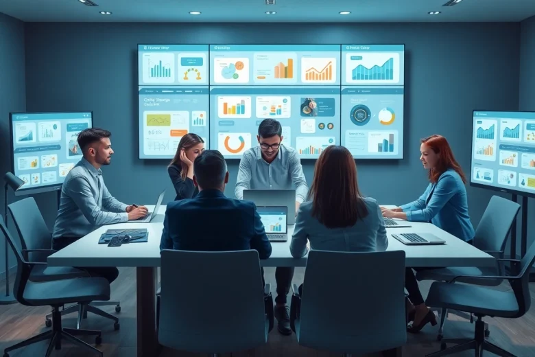 Online shopping plan collaboration scene with diverse professionals in a modern workspace.