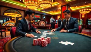 Experiencing the excitement of blackjack at 8KBET with professional gamblers at a luxurious casino table.