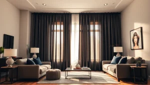 Bekijk verduisterende gordijnen in een moderne woonkamer met stijl en elegantie.