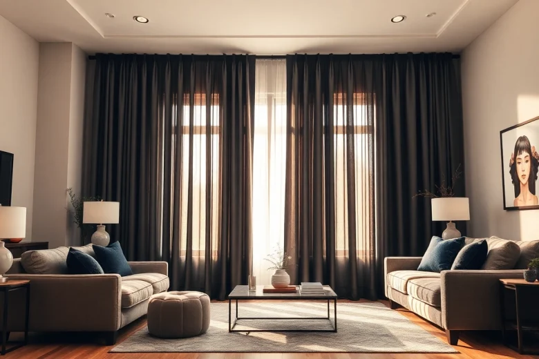Bekijk verduisterende gordijnen in een moderne woonkamer met stijl en elegantie.