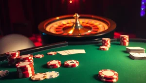 Experience the excitement of onicplay with colorful poker chips and a roulette wheel in a luxurious casino scene.