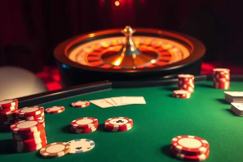 Experience the excitement of onicplay with colorful poker chips and a roulette wheel in a luxurious casino scene.