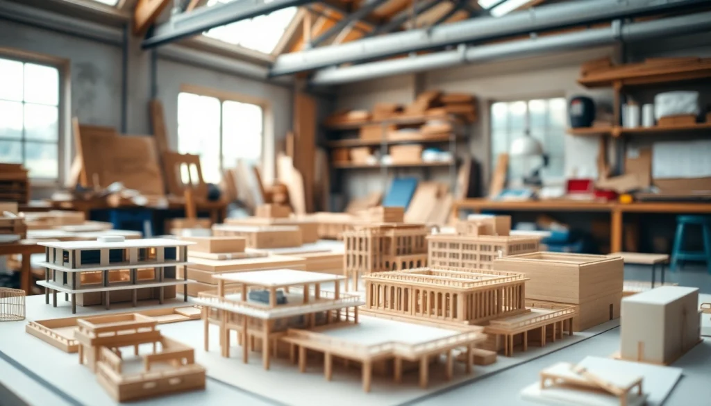 Architekturmodellbau Aachen: Präzise Architekturmodelle in handwerklicher Umgebung mit warmem Licht.