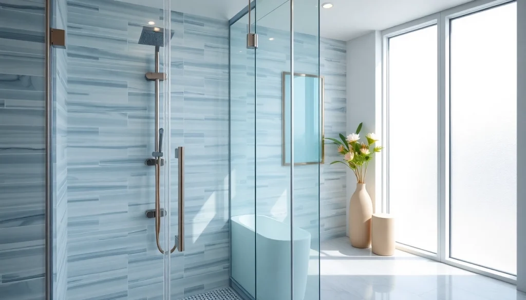 Showcase of sunney shower doors in a luxurious bathroom design with modern aesthetics.
