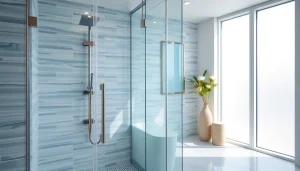 Showcase of sunney shower doors in a luxurious bathroom design with modern aesthetics.
