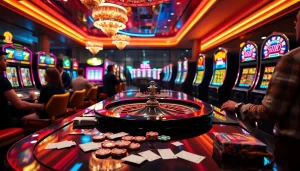 Exciting players engaging at BK8th casino tables with vibrant slot machines and roulette wheels.
