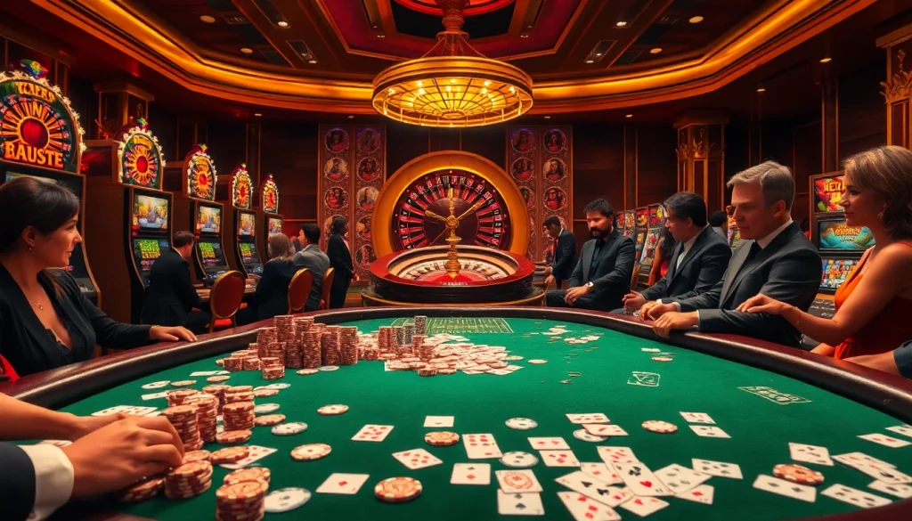 Exciting gaming scene showcasing idnslot poker table with vibrant chips and slot machines.