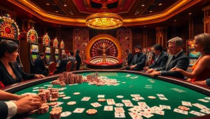 Exciting gaming scene showcasing idnslot poker table with vibrant chips and slot machines.