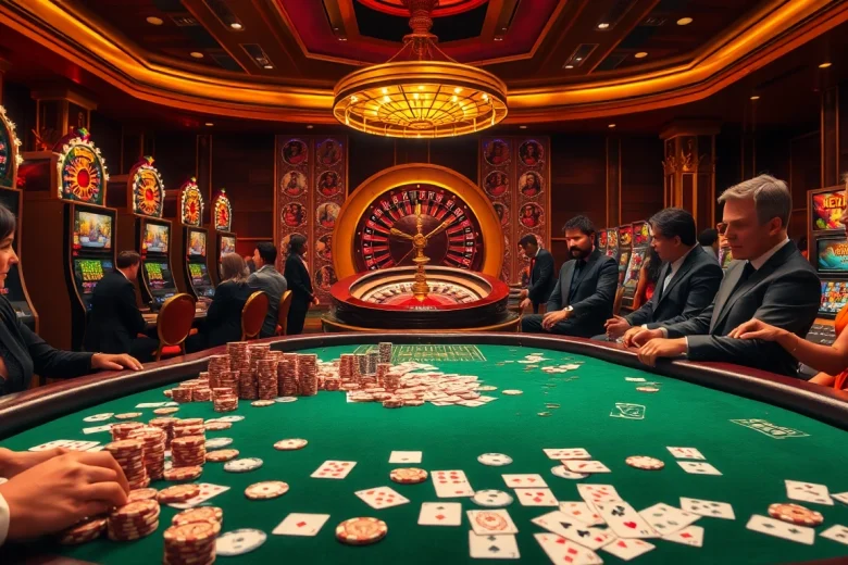 Exciting gaming scene showcasing idnslot poker table with vibrant chips and slot machines.