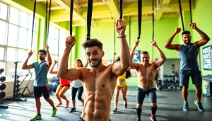 Group of diverse individuals exercising with resistance bands for pull-ups in a bright gym.