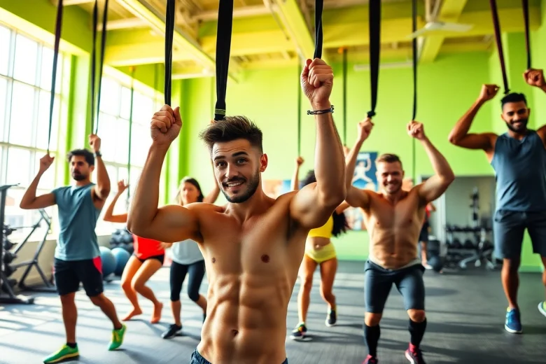 Group of diverse individuals exercising with resistance bands for pull-ups in a bright gym.