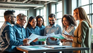 Illustration of team discussing growth strategy trends while using charts and devices.