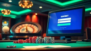 Engaging scene showcasing sbobet login with casino tables, poker chips, and an online betting interface.