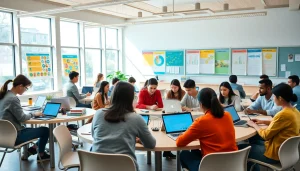 Dynamic education scene with diverse students collaborating in a modern classroom.