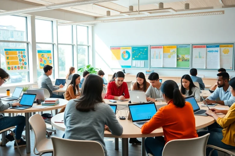 Dynamic education scene with diverse students collaborating in a modern classroom.