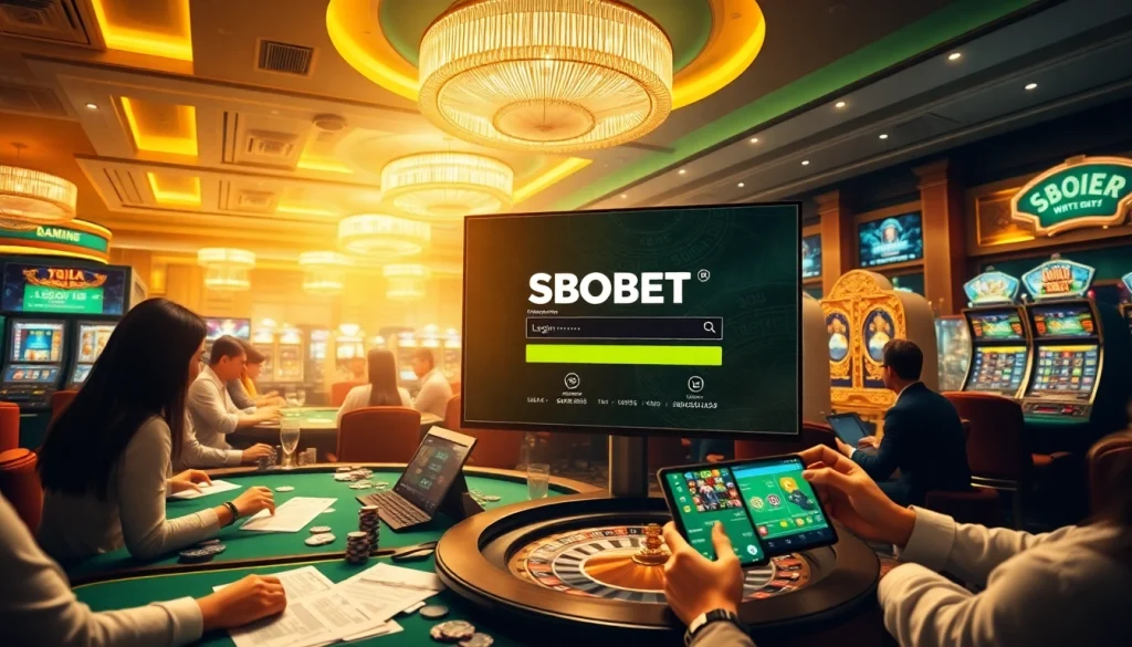 Experience the thrill of sbobet login at a luxurious casino filled with excited players and vibrant gambling action.