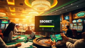 Experience the thrill of sbobet login at a luxurious casino filled with excited players and vibrant gambling action.