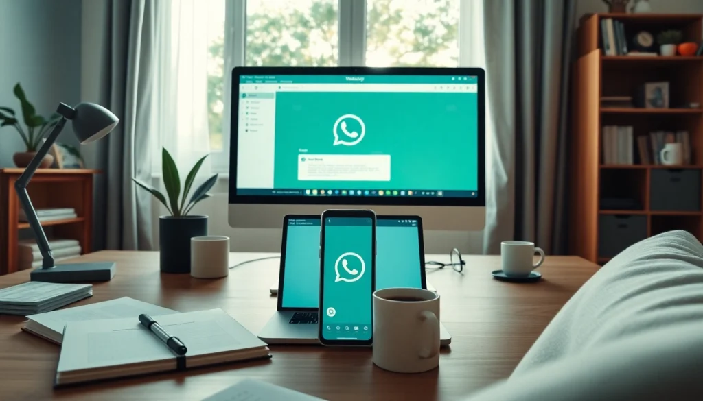 在现代家庭办公环境中，笔记本电脑上显示的 WhatsApp Web，强调高效沟通。